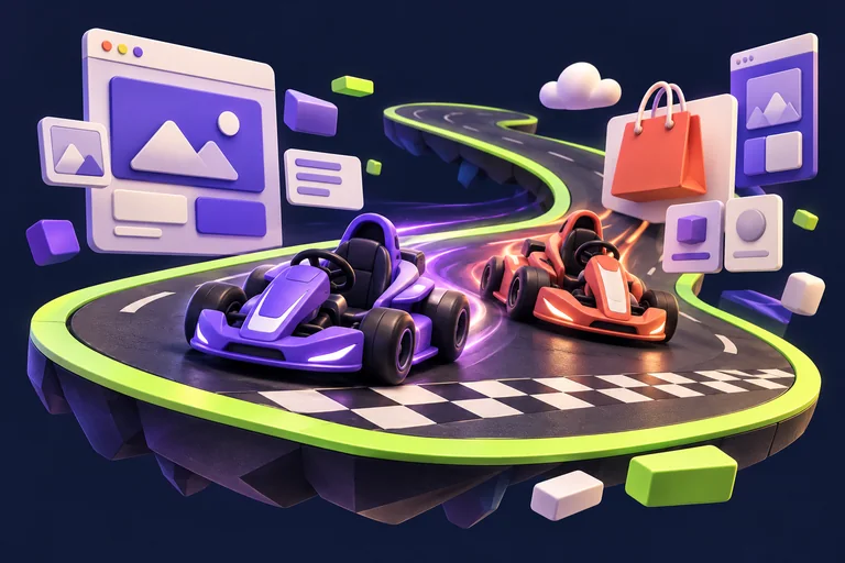 Deux karts violet et corail sur un circuit digital, entourés de pages web et d’une boutique.